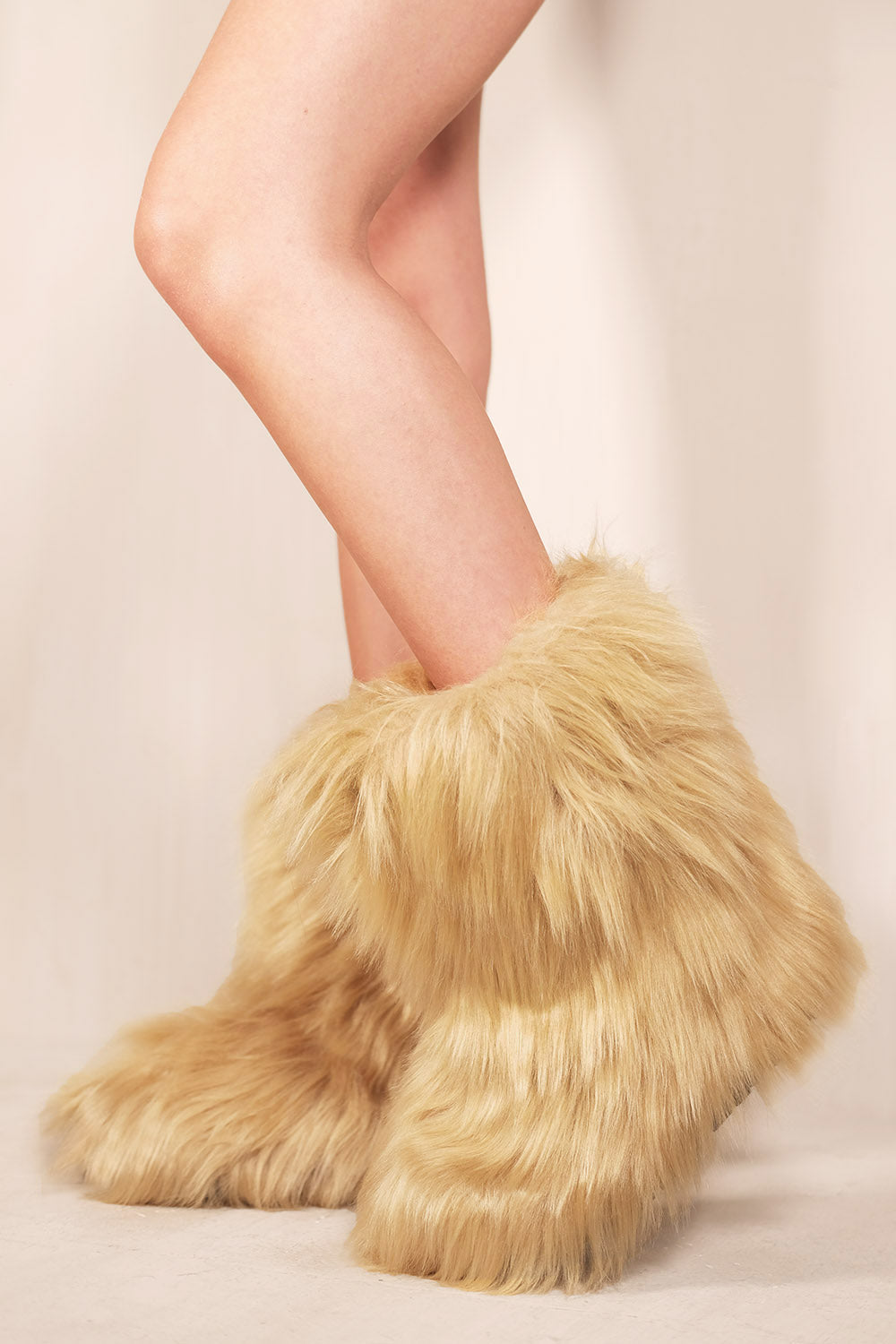 MALAYA PLATFORM FLUFFY FAUX FUR ANKLE BOOTS IN BEIGE