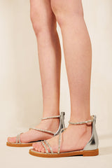 PALMIRA FLATFORM STRAPPY SANDALS WITH DIAMANTE DETAIL IN MOON SILVER METALLIC