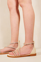 PALMIRA FLATFORM STRAPPY SANDALS WITH DIAMANTE DETAIL IN IVORY CREAM FAUX LEATHER