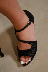 BEATRICE LOW KITTEN HEEL WITH CROSSOVER STRAP IN BLACK GLITTER