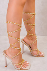 ELLIE MULTI CHAIN STRAP TOE POST LACE UP HEELS IN NUDE FAUX LEATHER