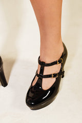 MARTHA CLOSED TOE HIGH HEEL SANDALS WITH STRAPS IN BLACK PATENT