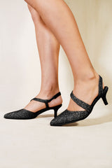 CORDELIA POINTED TOE LOW KITTEN HEEL WITH CROSSOVER STRAP IN BLACK GLITTER