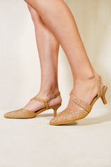 CORDELIA POINTED TOE LOW KITTEN HEEL WITH CROSSOVER STRAP IN GOLD GLITTER