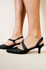 CORDELIA POINTED TOE LOW KITTEN HEEL WITH CROSSOVER STRAP IN BLACK GLITTER