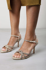 Pexina Diamante Knot Strappy Heels In Light Gold Shimmer