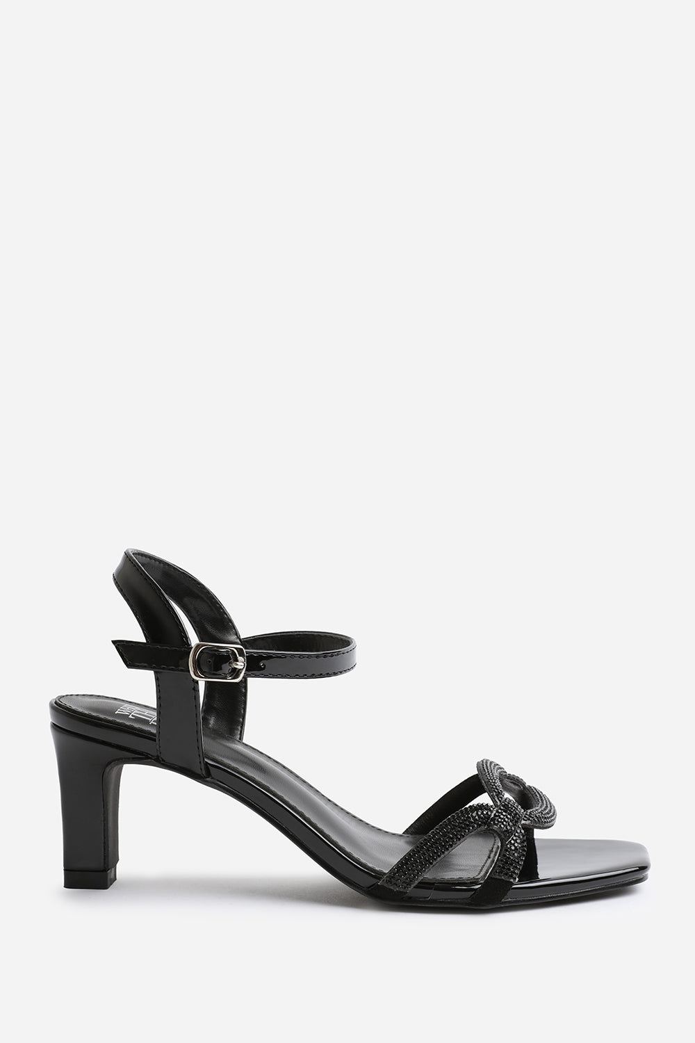 HAILEY SQUARE TOE LOW BLOCK HEEL WITH DIAMANTE STRAP DETAIL IN BLACK FAUX LEATHER