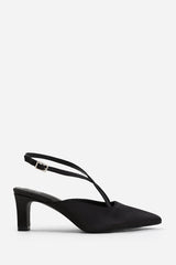 SERNA WIDE FIT POINTED TOE LOW BLOCK HEEL WITH CROSS OVER ANKLE STRAP IN BLACK SATIN