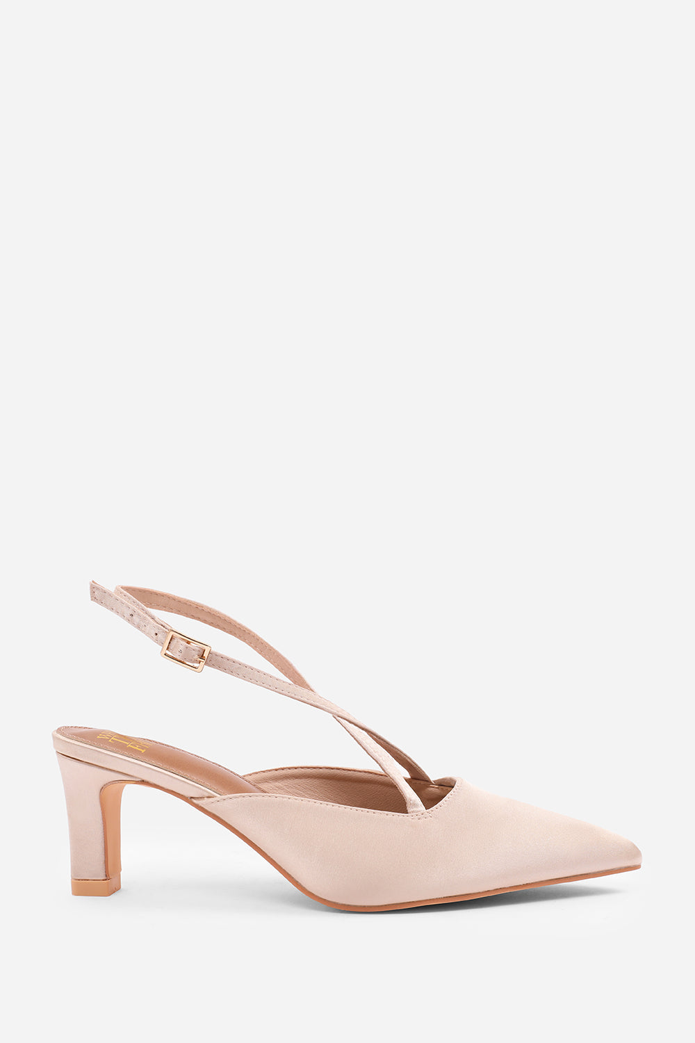 SERNA POINTED TOE LOW BLOCK HEEL WITH CROSS OVER ANKLE STRAP IN CHAMPAGNE SATIN