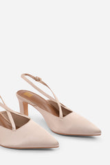 SERNA POINTED TOE LOW BLOCK HEEL WITH CROSS OVER ANKLE STRAP IN CHAMPAGNE SATIN