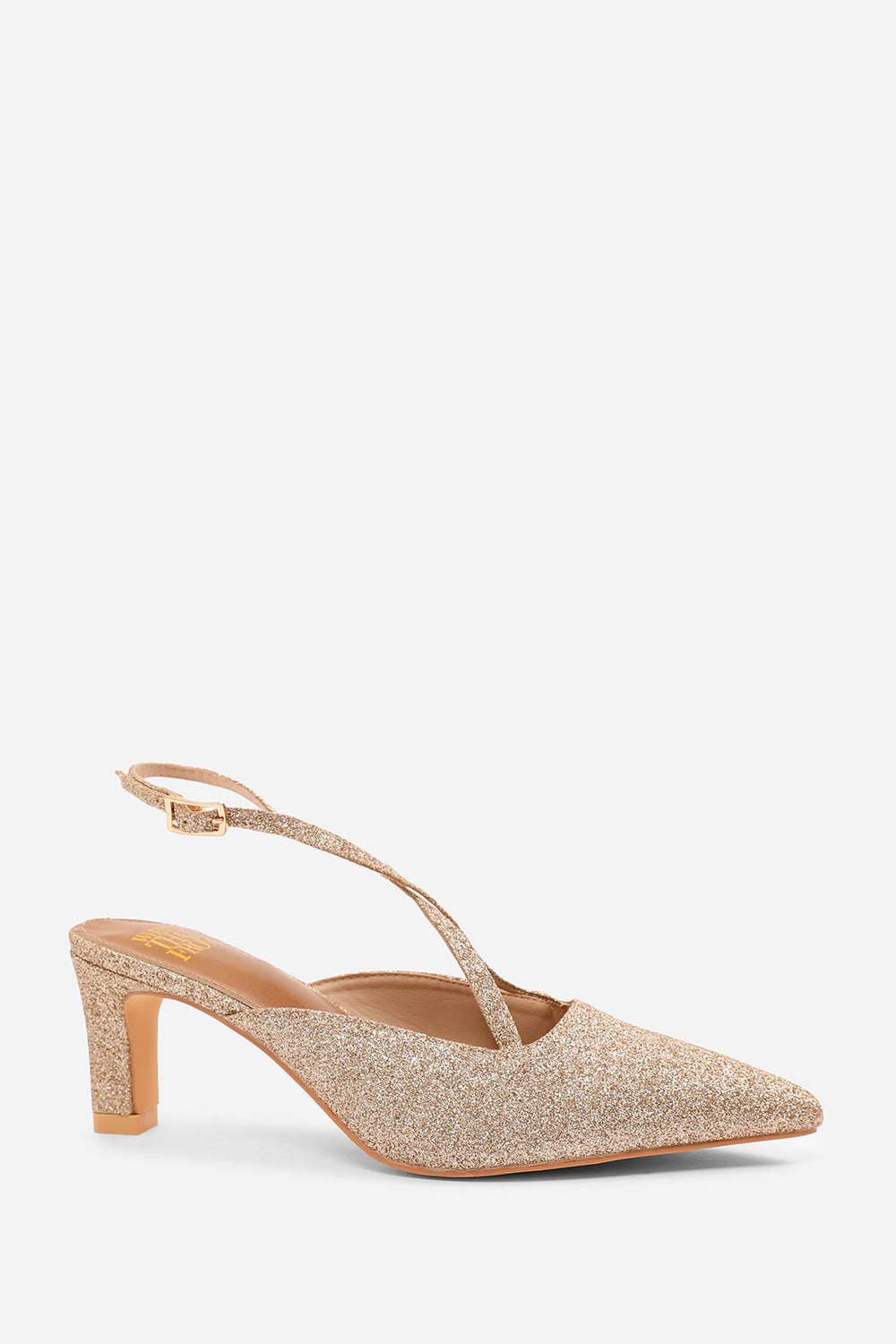 SERNA WIDE FIT POINTED TOE LOW BLOCK HEEL WITH CROSS OVER ANKLE STRAP IN GOLD FINE GLITTER