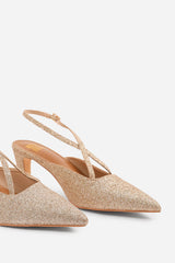 SERNA WIDE FIT POINTED TOE LOW BLOCK HEEL WITH CROSS OVER ANKLE STRAP IN GOLD FINE GLITTER