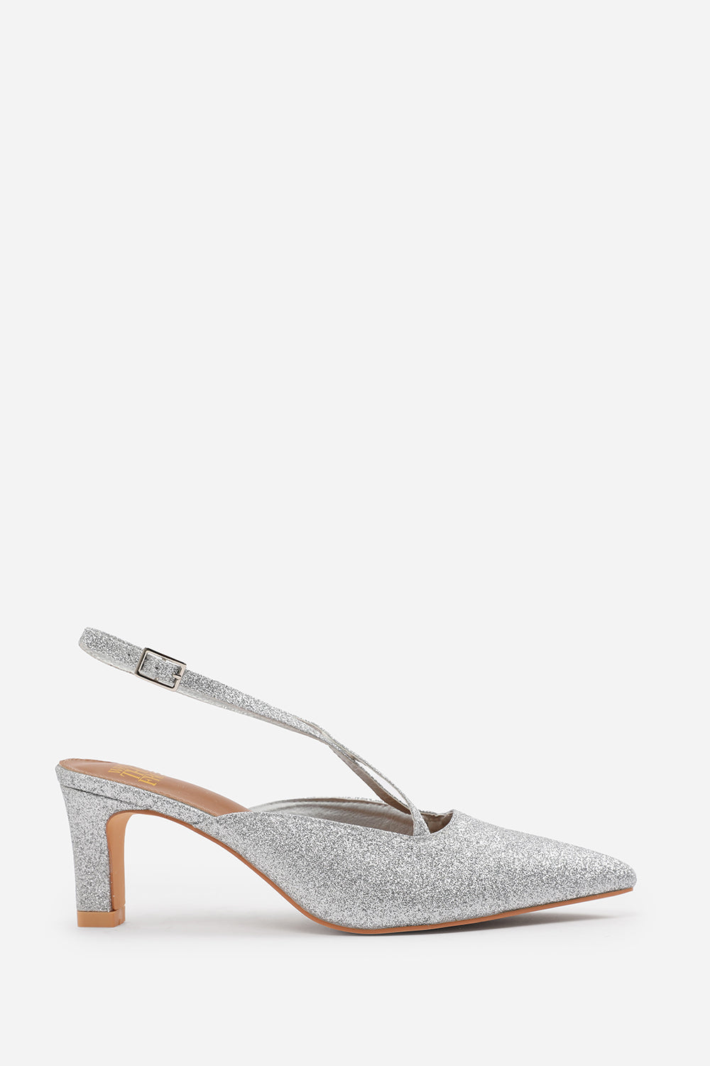 SERNA POINTED TOE LOW BLOCK HEEL WITH CROSS OVER ANKLE STRAP IN SILVER FINE GLITTER