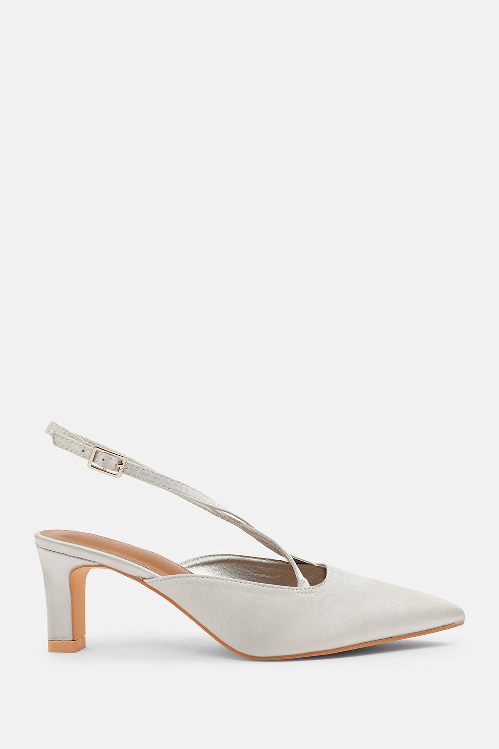 SERNA POINTED TOE LOW BLOCK HEEL WITH CROSS OVER ANKLE STRAP IN SILVER SATIN