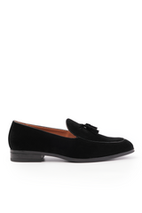 ALBERT SLIP ON TASSELL LOAFERS IN BLACK SUEDE