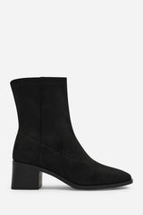 Fioren Black Faux Suede Square Low Block Heel Stretch Ankle Sock Boot