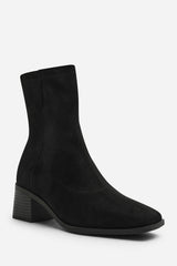 Fioren Black Faux Suede Square Low Block Heel Stretch Ankle Sock Boot