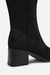 Fioren Black Faux Suede Square Low Block Heel Stretch Ankle Sock Boot