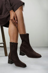 Fioren Dark Brown Faux Suede Square Low Block Heel Stretch Ankle Sock Boot