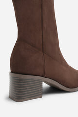 Fioren Dark Brown Faux Suede Square Low Block Heel Stretch Ankle Sock Boot