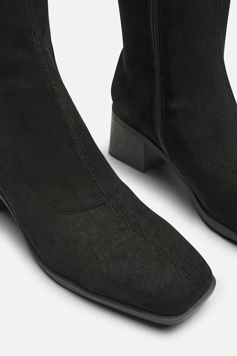 Ezzira Square Low Block Heel Stretch Knee High Boots