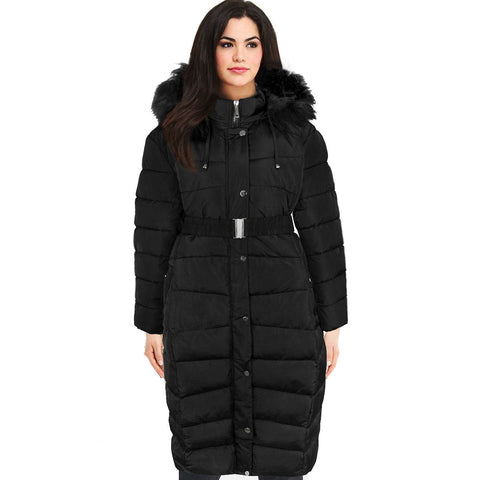 DYLER FULL LENGTH PADDED HOODED JACKET WITH BELT IN BLACK