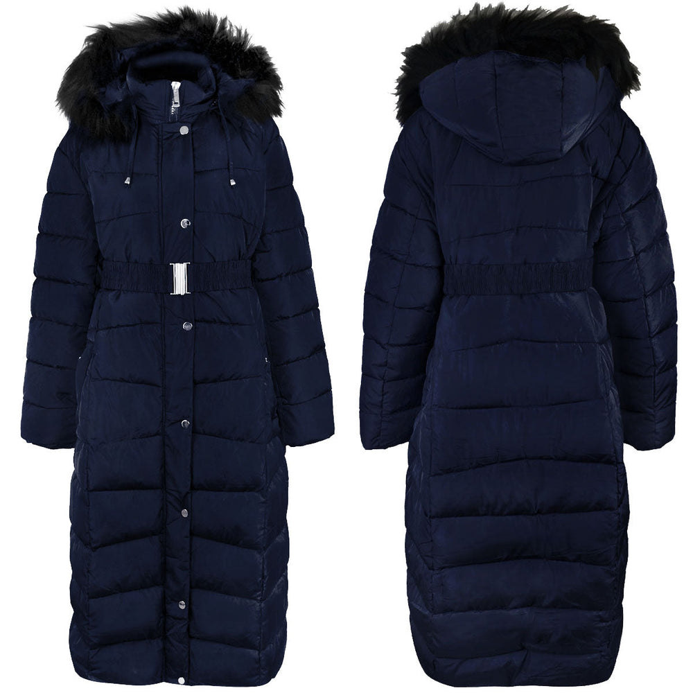 DYLER FULL LENGTH PADDED HOODED JACKET WITH BELT IN NAVY BLUE