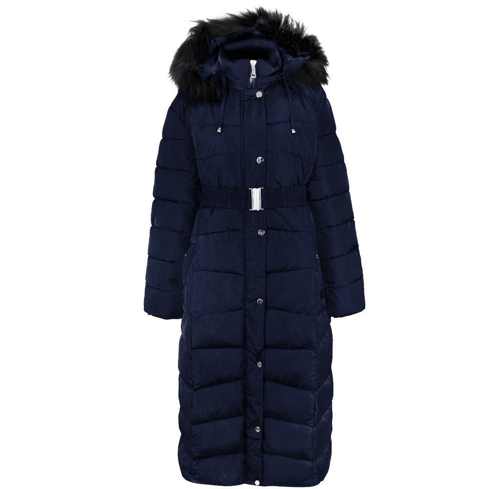 DYLER FULL LENGTH PADDED HOODED JACKET WITH BELT IN NAVY BLUE