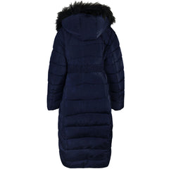 DYLER FULL LENGTH PADDED HOODED JACKET WITH BELT IN NAVY BLUE