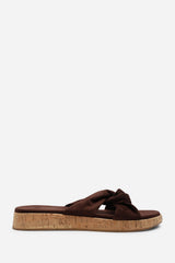 Bowite Knotted Open Toe Black Suede Low Wedge Sandal