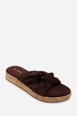 Bowite Knotted Open Toe Black Suede Low Wedge Sandal