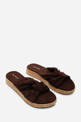 Bowite Knotted Open Toe Black Suede Low Wedge Sandal