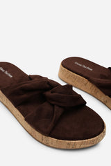 Bowite Knotted Open Toe Black Suede Low Wedge Sandal