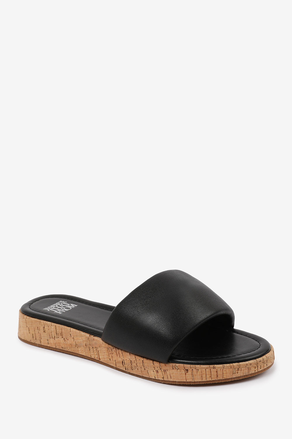 JULIA  WIDE FIT FLATFORM SLIDERS SANDAL IN BLACK FAUX LEATHER