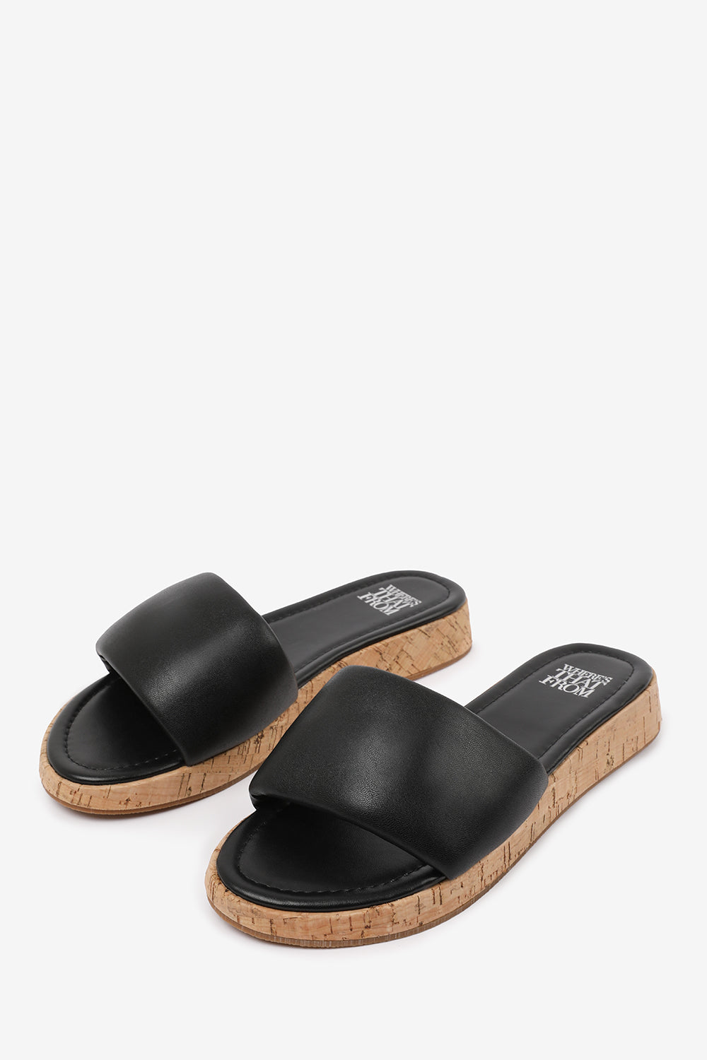 JULIA  FLATFORM SLIDERS SANDAL IN BLACK FAUX LEATHER