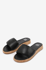 JULIA  WIDE FIT FLATFORM SLIDERS SANDAL IN BLACK FAUX LEATHER