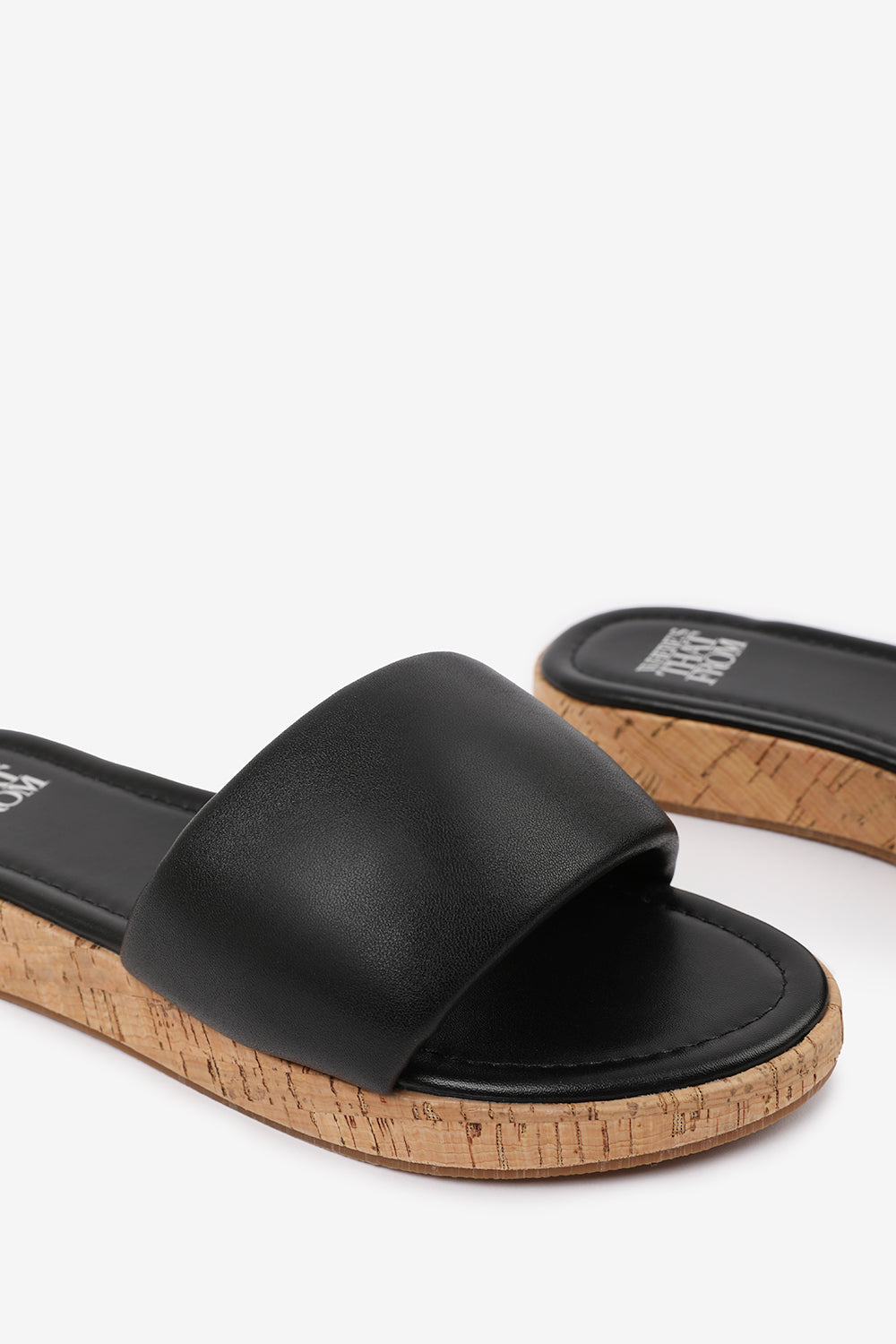 JULIA  WIDE FIT FLATFORM SLIDERS SANDAL IN BLACK FAUX LEATHER