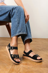 Iridia Double Buckle Black Suede Low Wedge Sandal