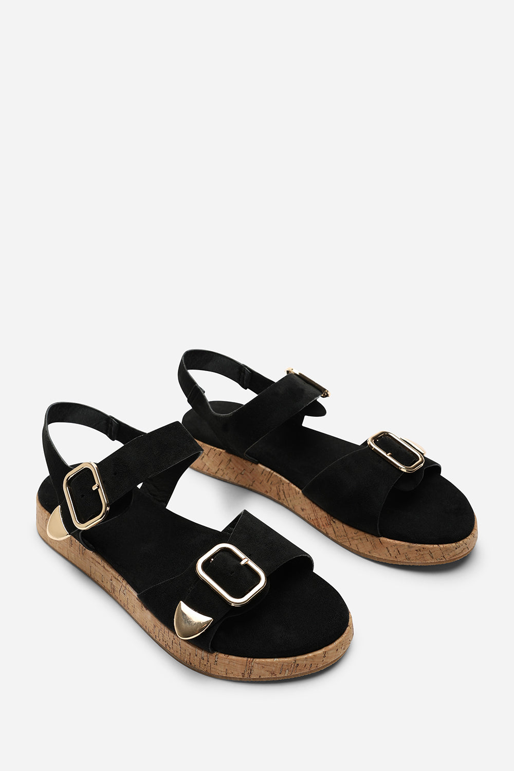 Iridia Double Buckle Black Suede Low Wedge Sandal