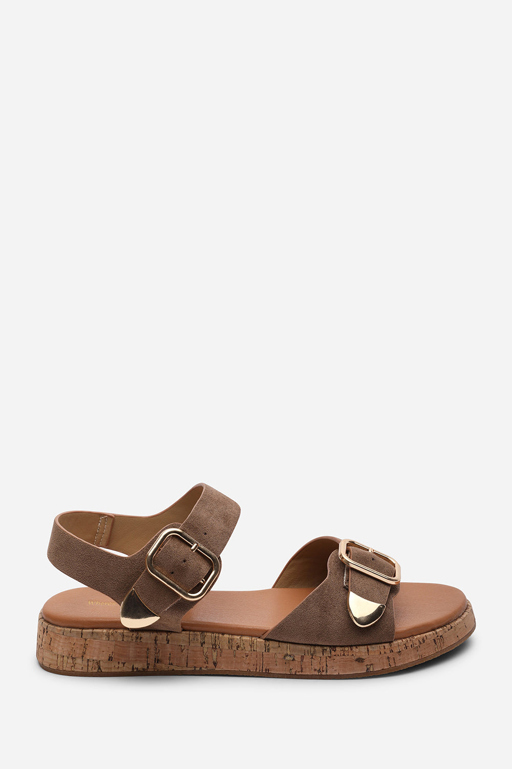 Iridia Double Buckle Camel Suede Low Wedge Sandal
