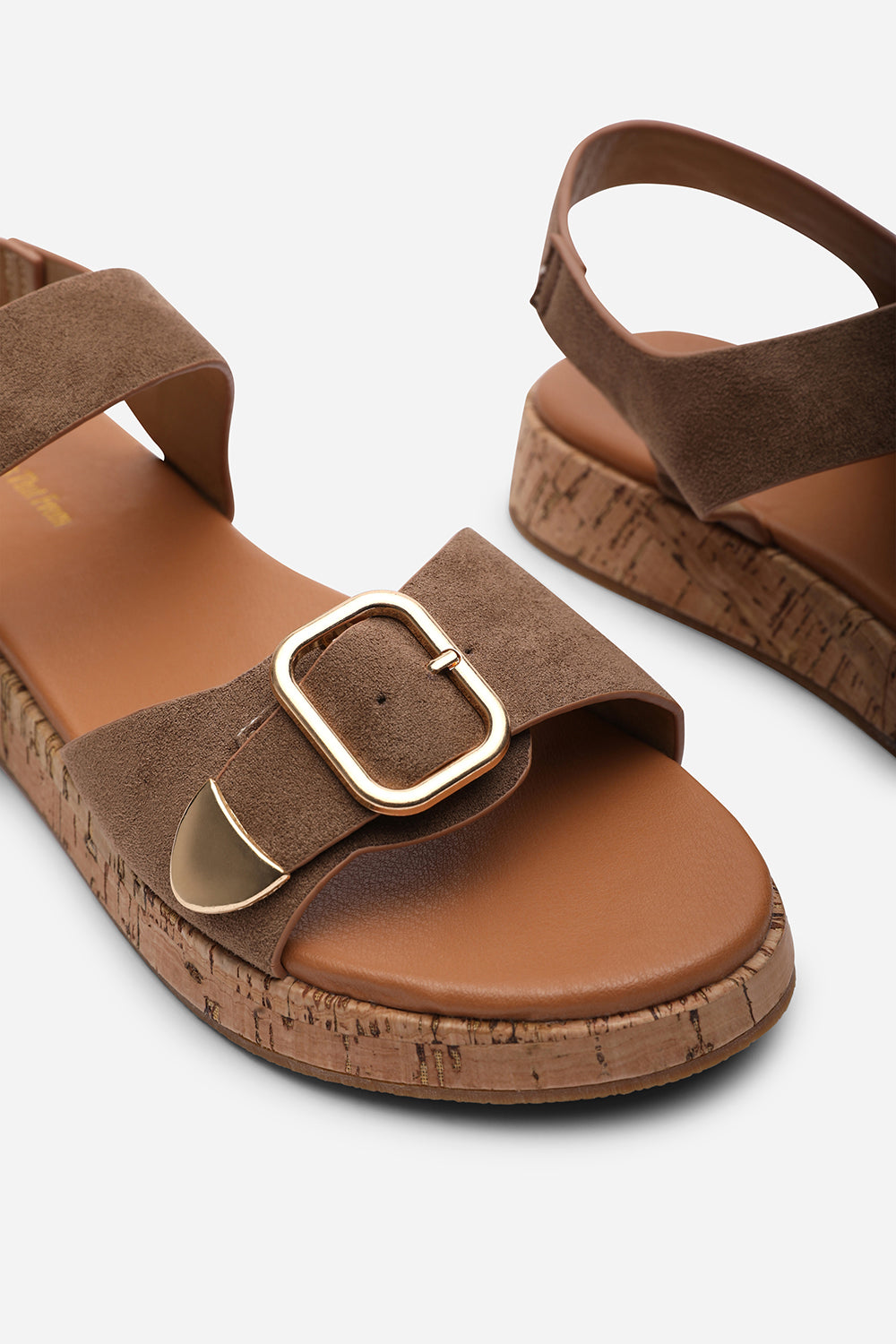 Iridia Double Buckle Camel Suede Low Wedge Sandal