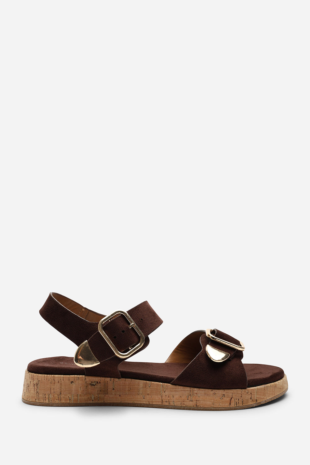 Iridia Double Buckle Dark Brown Suede Low Wedge Sandal