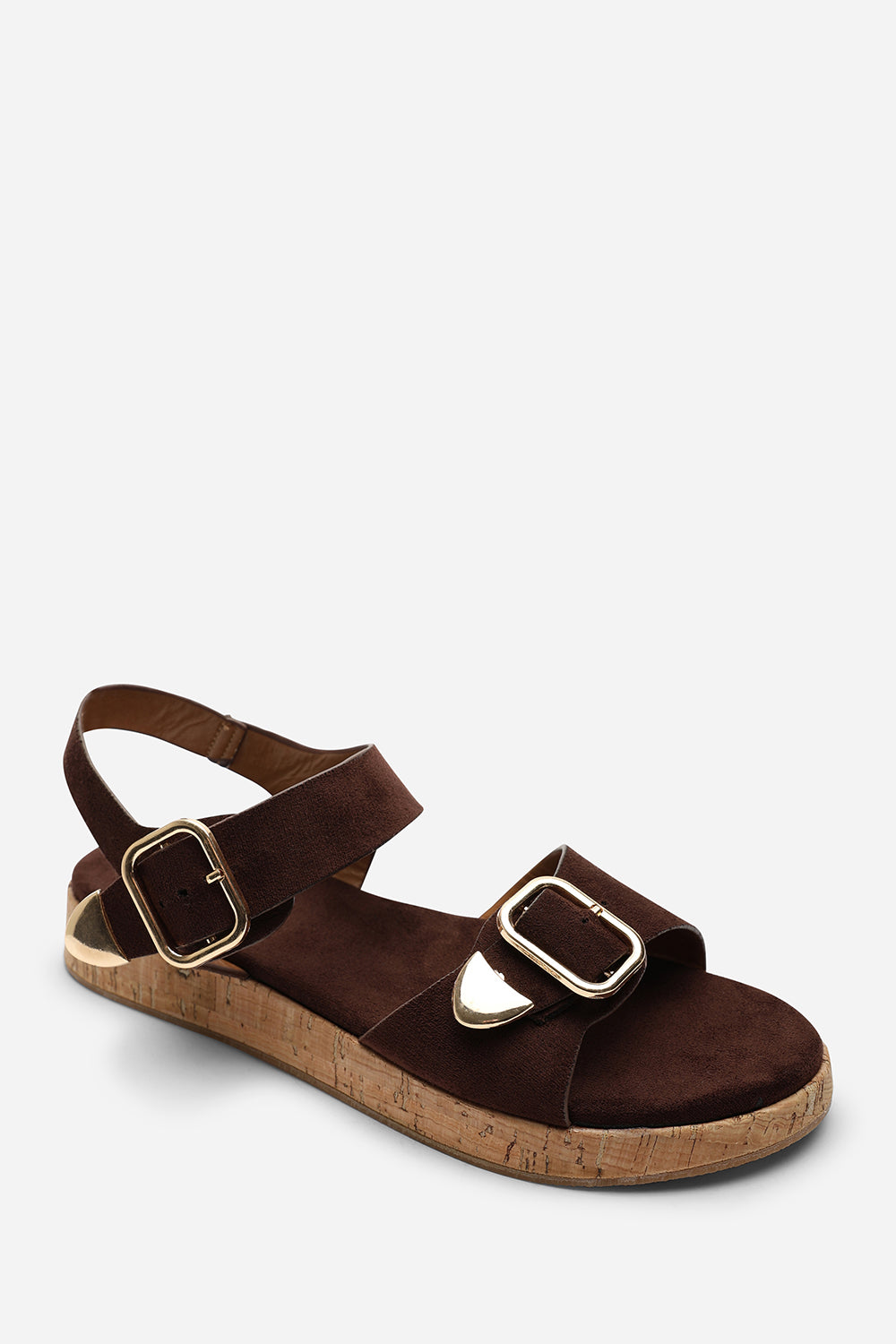 Iridia Double Buckle Dark Brown Suede Low Wedge Sandal