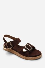 Iridia Double Buckle Dark Brown Suede Low Wedge Sandal