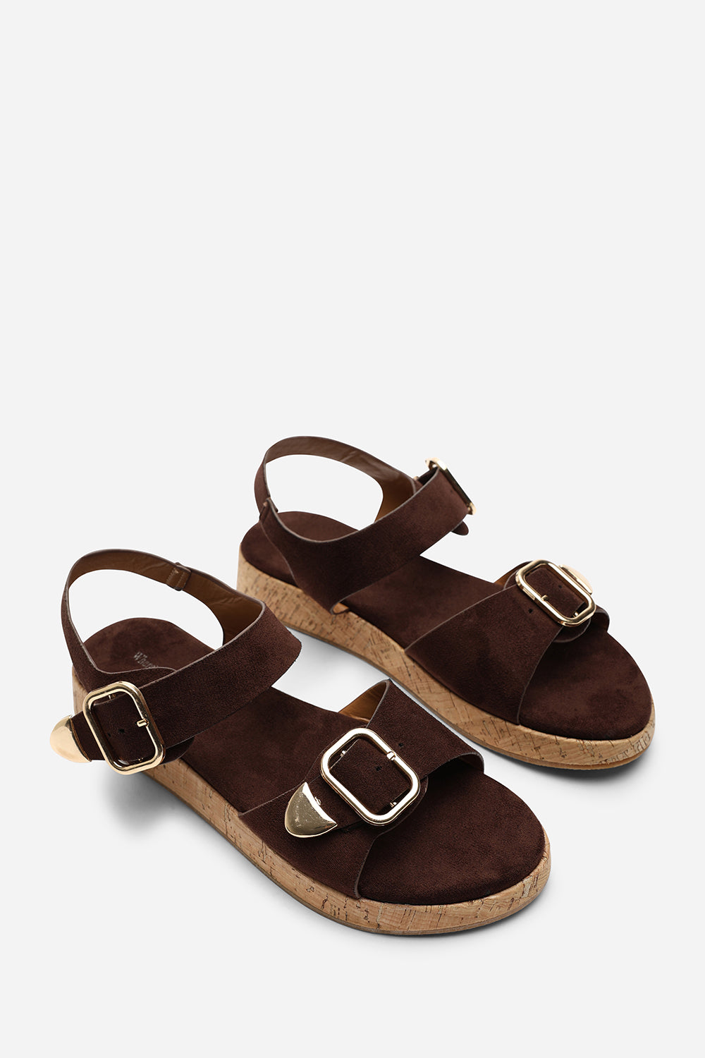 Iridia Double Buckle Dark Brown Suede Low Wedge Sandal