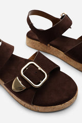 Iridia Double Buckle Dark Brown Suede Low Wedge Sandal