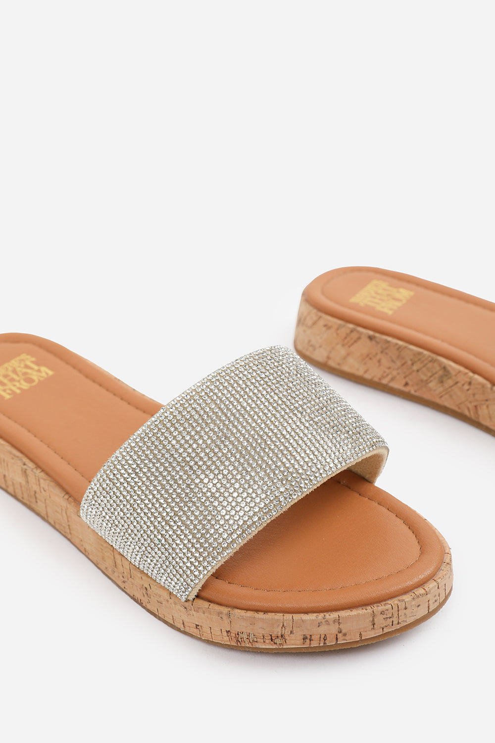 EMBER WIDE FIT FLATFORM SLIDERS WITH DIAMANTE DETAIL IN CLEAR DIAMANTE NUDE