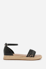 SHIA BRAIDED STRAP ESPADRILLE FLATFORM  WITH BUCKLE ANKLE STRAP IN BLACK FAUX LEATHER