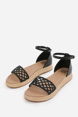 SHIA BRAIDED STRAP ESPADRILLE FLATFORM  WITH BUCKLE ANKLE STRAP IN BLACK FAUX LEATHER