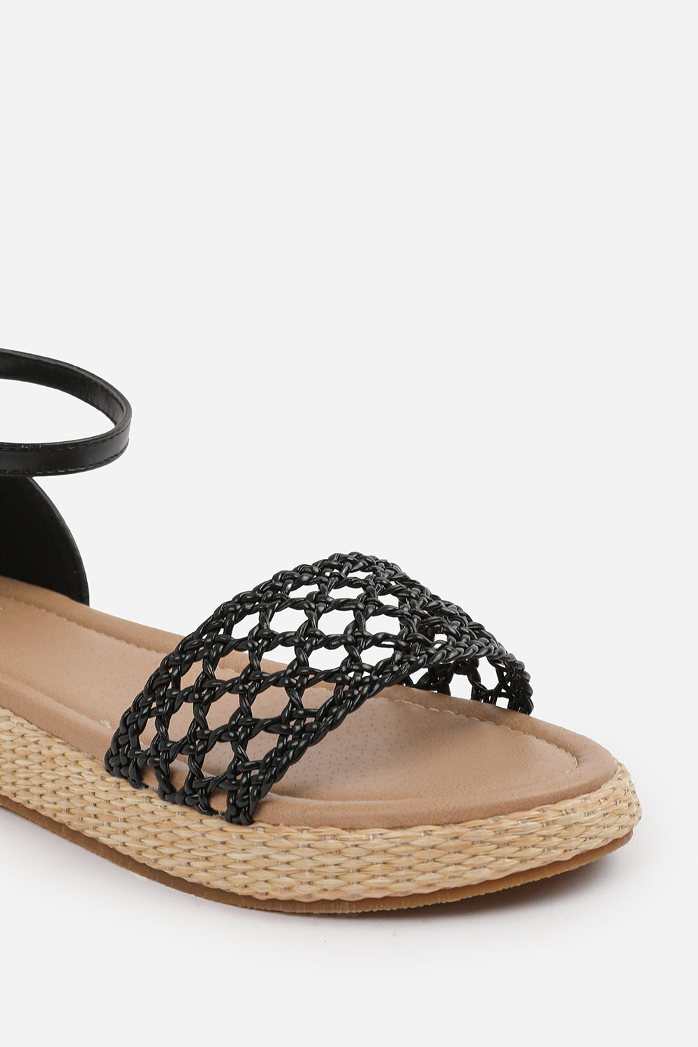 SHIA BRAIDED STRAP ESPADRILLE FLATFORM  WITH BUCKLE ANKLE STRAP IN BLACK FAUX LEATHER